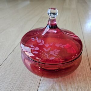 Vintage Red Flash Glass candy dish w/etched floral design in lid